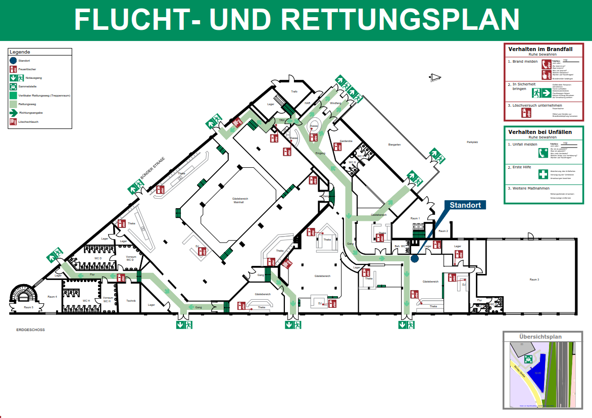 Example of an escape and rescue plan with escape routes and emergency exits
