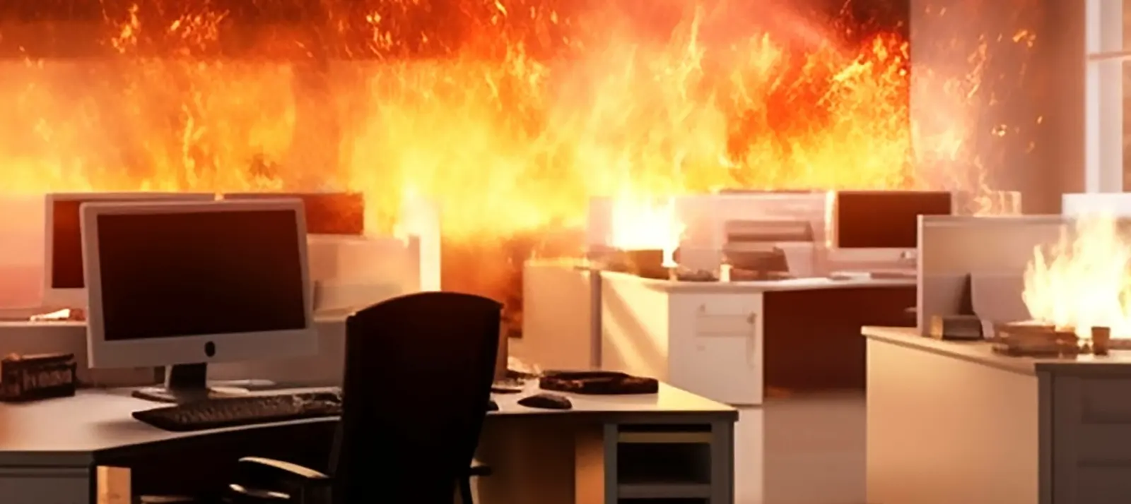 Open-plan office with desks and computers engulfed in flames