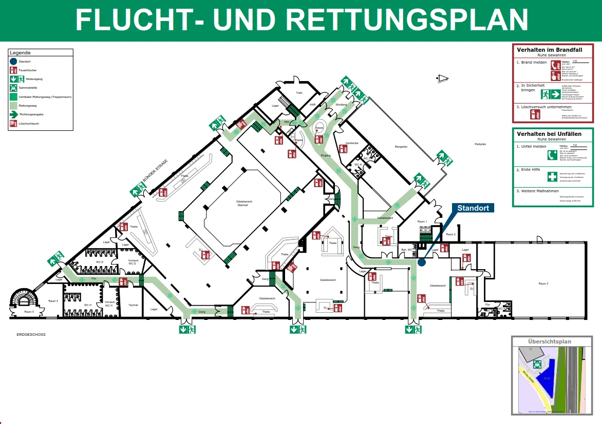 Section of an escape and rescue plan with escape routes marked in green