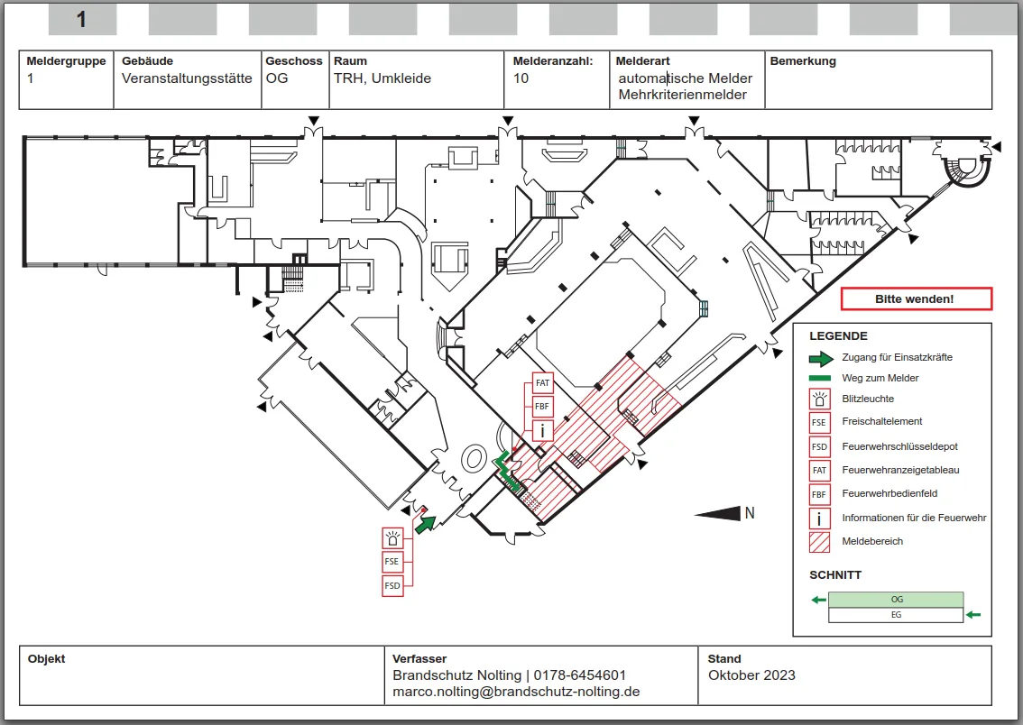 Fire brigade route card with floor plan, detection zone and legend