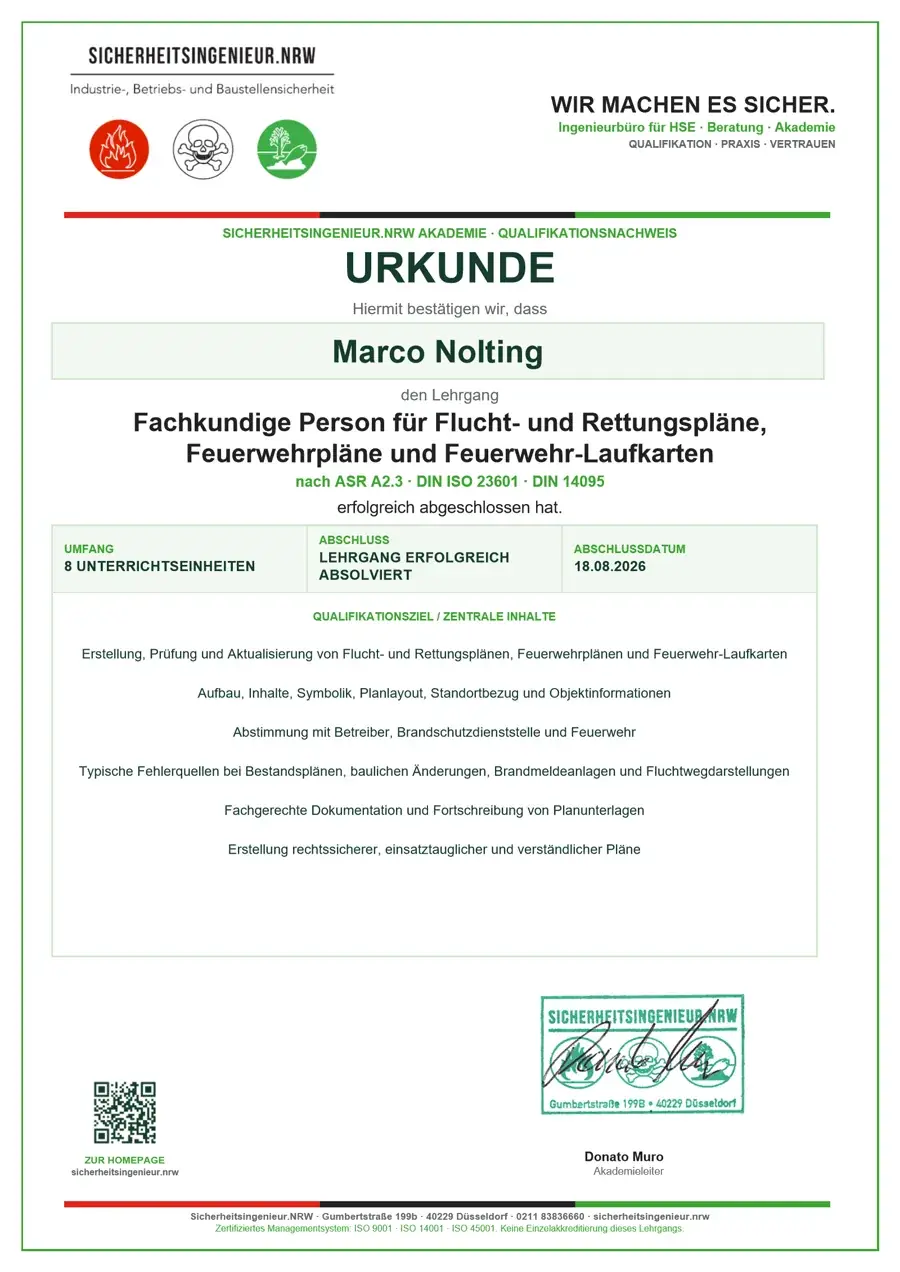 Certificate from the Sicherheitsingenieur.NRW Akademie: Marco Nolting, competent person for escape and rescue plans, fire brigade plans and route cards